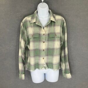 Lucky Brand Plaid Top Sz M Green‎ Purple Button Up Frayed Hem Western Rodeo